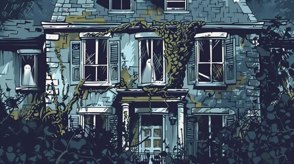 This image illustrates a haunted house with a dead girl spirit in the window of a boarded up window. This image shows a boarded up building with ivy vines running up the brick wall and a broken