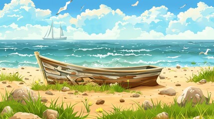 Wall Mural - A seaside beach with an old boat amidst a green lawn. Modern cartoon summer landscape of ocean sand shore with stoned in water. Derelict broken ship on sea shore.