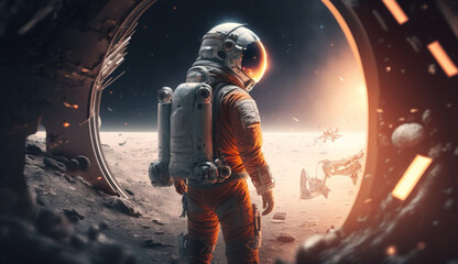 Wall Mural - Astronaut in front of a spaceship in the universe