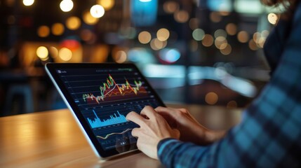Poster - Businesswoman analyzing stock market graphs on a digital tablet, making data-driven decisions for business growth.