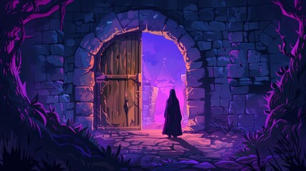 Wall Mural - Cartoon illustration of a woman ghost in a medieval castle with wooden doors. Modern cartoon illustration of a dead girl spirit in a dungeon. Halloween scary background.