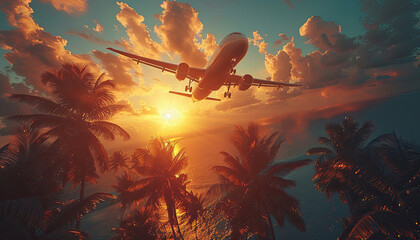 Wall Mural - A plane is flying over a tropical forest with palm trees by AI generated image