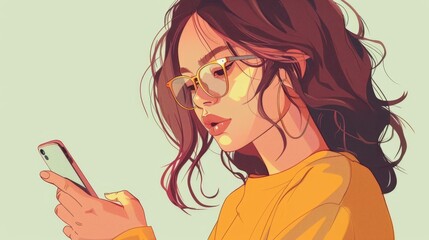 Wall Mural - attractive young woman reading a text message on her smartphone closeup portrait illustration