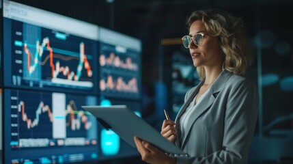 Fototapete - Businesswoman confidently presenting a financial report with stock market graphs, showcasing business acumen.