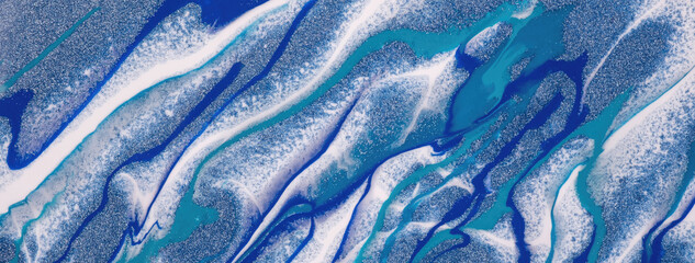 Poster - Abstract fluid art background blue and white colors. Liquid marble. Acrylic painting with turquoise gradient.