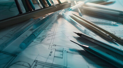 Poster - Architect designer Interior creative working hand drawing sketch plan blueprint selection material color samples art tools Design Studio : Generative AI