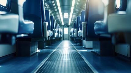 Aufkleber - Empty cabin of a modern passenger train Empty blue seats inside train cabin corridor view no people Modern european economy class fast train interior Inside of high speed train compart : Generative AI