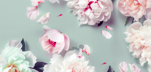 Wall Mural - Pink peonies on a light green background
