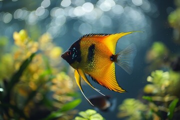 Angelfish gliding elegantly in a planted aquarium, symbolizing gracefulness. 