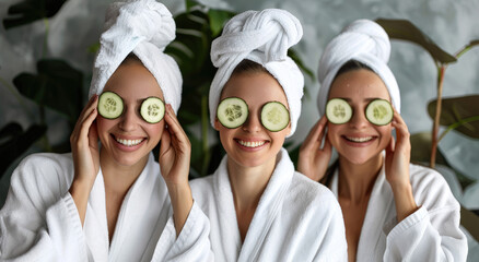 Three friends having a spa day, wearing white robes and a towel on their heads with cucumber slices over their eyes smiling big