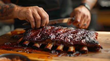 Wall Mural - Chef cutting into a rack of smoked St. Louis-style ribs, revealing tender meat with a smoky bark exterior.