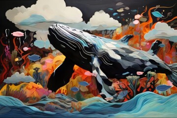 Wall Mural - big whale on an abstract, colorful background