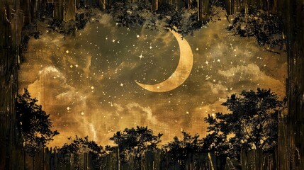 Wall Mural - Enchanted Forest: Design an image featuring a mystical night sky with stars and a crescent moon shining through wispy clouds, framed by the silhouette of trees against a wooden texture background.