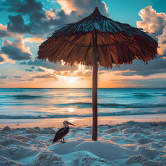 The tropical beach at sunset. A bird on the hay sun umbrella, the beach bed, white sand and ocean waves in the background.