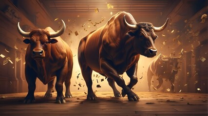 Wall Mural - Financial technology, the idea of a stock exchange, or bull and bear fighting