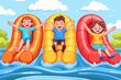 Vibrant illustration of children gleefully playing on water slides at a festive Labor Day fair.