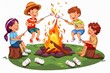 A group of friends gathering around a bonfire on Labor Day night, roasting marshmallows and enjoying each other's company. The illustration is set against a clear white background.
