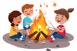 Illustration of a group of friends enjoying a bonfire and roasting marshmallows on a clear white background.