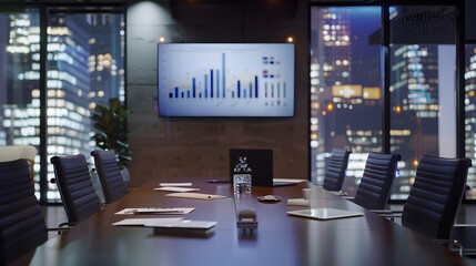 Leinwandbilder - Modern Empty Meeting Room with Big Conference Table with Various Documents and Laptop on it Wall TV Showing Companys Growth Statistics Graphs and Pie Charts Late Evening or Night City  : Generative AI