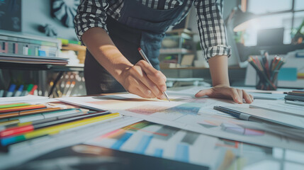 Poster - Architect designer Interior creative working hand drawing sketch plan blueprint selection material color samples art tools Design Studio : Generative AI