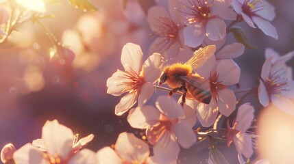 Poster - Close-up of a bee collecting pollen from a cluster of delicate cherry blossoms, a scene of natural harmony.