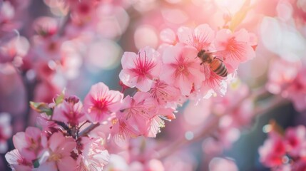 Fototapete - Close-up of a bee collecting pollen from a cluster of delicate cherry blossoms, a scene of natural harmony.