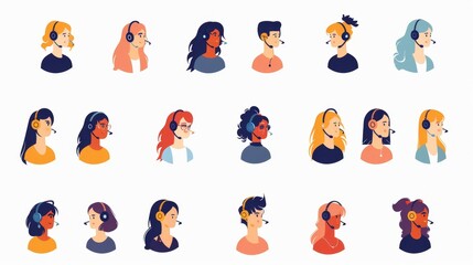 Poster - Modern flat icons set of customer support service agents with headsets, women and men working in phone lines or online chat rooms.
