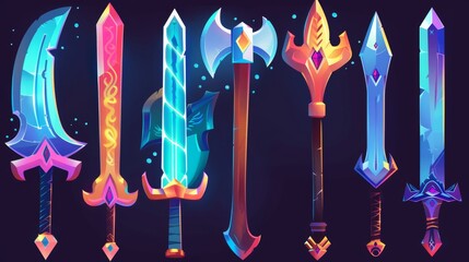 Wall Mural - Symbolic fantasy metal longswords, blades, axes, knives for game interface. Modern cartoon set of mystic light steel swords, blades, hatchets.