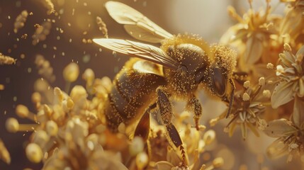 Fototapete - Close-up of a bee covered in pollen, transferring nature's life-giving substance from flower to flower.