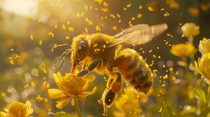 Fototapete - Close-up of a bee covered in pollen, transferring nature's life-giving substance from flower to flower.