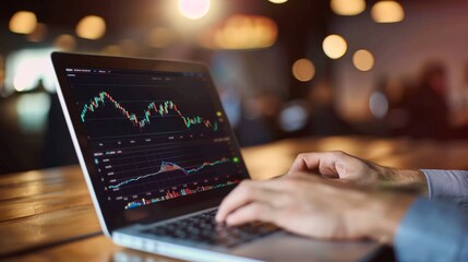 Wall Mural - Close-up of a businessman analyzing stock market charts on a laptop, making informed investment decisions.