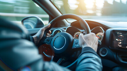 Poster - Hands on the wheel when driving at high speed from inside the car : Generative AI