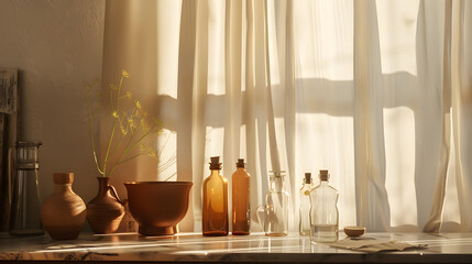 Wall Mural - A room with a calm atmosphere with clay pots placedin front of the wall and curtains letting in natural lightGlass bottles coffee and various objects on a marbletable : Generative AI