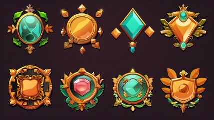 Poster - a set of golden game buttons with fantasy frames, achievement badges isolated on a black background.