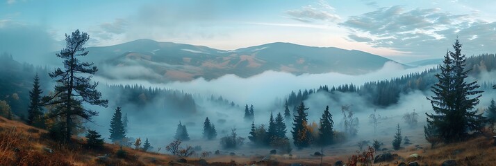 Wall Mural - Mountain hills and morning fog at beautiful autumn foggy scenery, Wide panorama of Carpathian mountains realistic nature and landscape