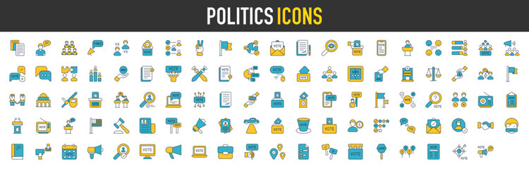 Politics icon set. Contains as Team, Decree, Vote, Absentism, Ballot, Campaign, Demographic, War, Patriotism, Election, Flags, Solution and Checking vector icons illustration.