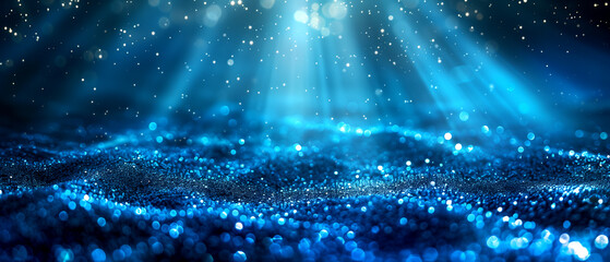 Wall Mural - A serene composition of blue light rays and sparkling particles, creating a tranquil and ethereal atmosphere