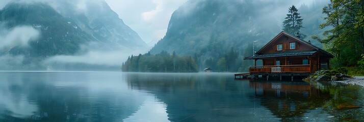 Wall Mural - Mountain lake and wooden cottage with water reflections, Plansee lake located in Austria a cloudy and foggy day, Horizontal composition, space for copy realistic nature and landscape