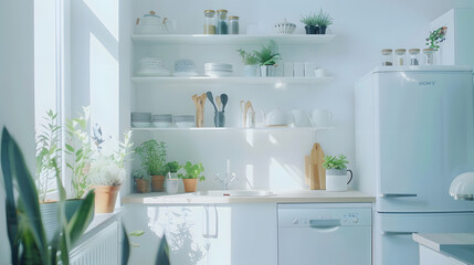 Aufkleber - Minimal light scandinavian kitchen interior White furniture with utensils shelves with crockery and plants in pots small refrigerator near window panorama empty space : Generative AI