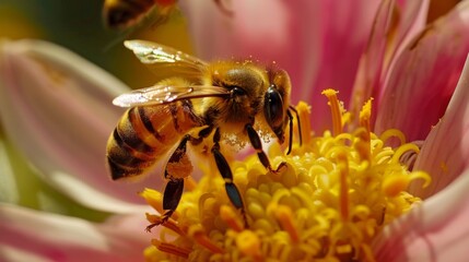 Poster - Close-up of a honeybee delicately gathering pollen from the center of a fragrant blossom, a moment of natural beauty.