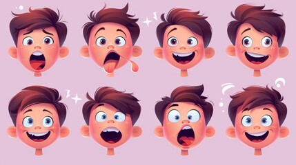 Wall Mural - This set of modern illustrations includes kid lipsyncs with different facial expressions along with mouth talk and eyebrow movement charts. Little caucasian boy cartoon character lipsyncs with
