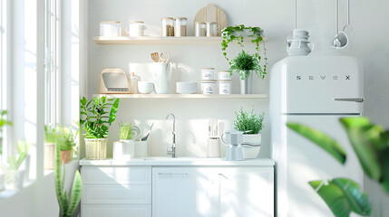 Aufkleber - Minimal light scandinavian kitchen interior White furniture with utensils shelves with crockery and plants in pots small refrigerator near window panorama empty space : Generative AI