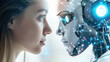A woman and a robot face to face. 