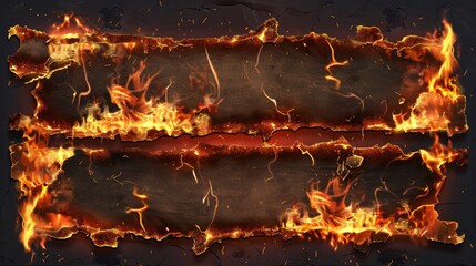 Poster - Burn craft paper borders, smoldering flames in charred edges, damaged parchment sheets in flame with ashes, realistic frames modern collection.