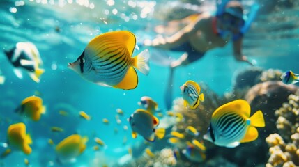 Wall Mural - Close-up of a snorkeler observing colorful tropical fish in a tranquil underwater paradise.