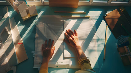 Poster - Flat lay of hands of contemporary creative interior designer over workplace during work over new apartment or room in house : Generative AI
