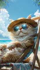Wall Mural - cat with panama hat wearing sunglasses holding a light saber sunbathing on a sun chair on a tropical beach, caricature smartphone wallpaper background