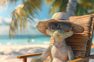 Wall Mural - An anthropomorphic snake with panama hat wearing sunglasses sunbathing on a sun chair on a tropical beach, caricature