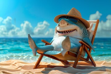 Wall Mural - Funny shark with Panama hat wearing sunglasses sunbathing on a sun chair on a tropical beach, caricature