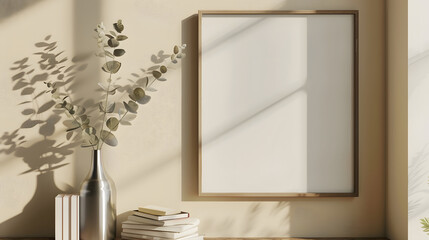 Poster - Empty vertical picture frame mockup hanging on beige wall Cup of coffee books on wooden table Vase with silver eucalyptus tree branches Minimal working space home office Scandinavian i : Generative AI